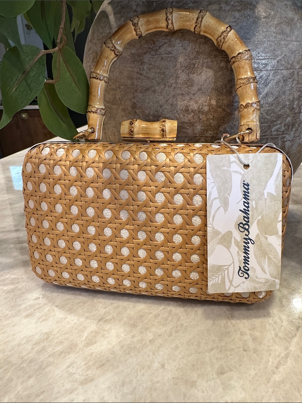 Tommy Bahama Tan Woven Bamboo-Handle Mini Top-Handle Bag